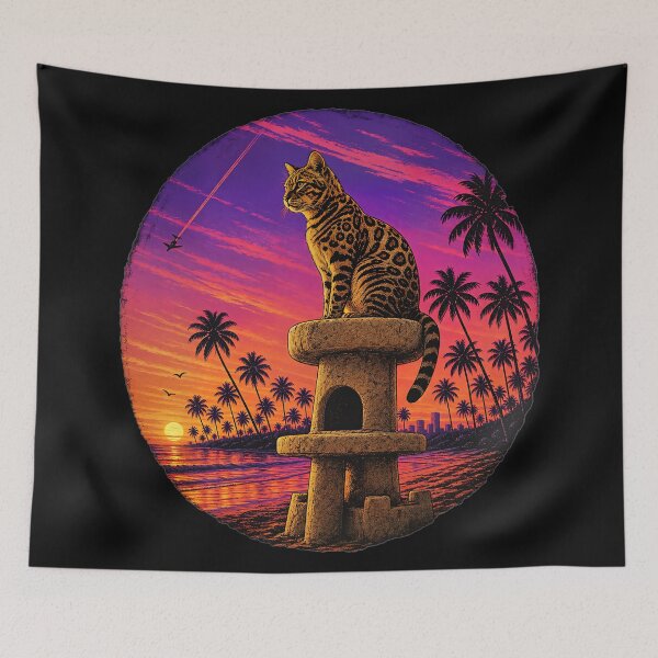 Item preview, Bengal Cat on a Palm Beach – Synthwave Vice Sunset Design designed and sold by Bengoer18.
