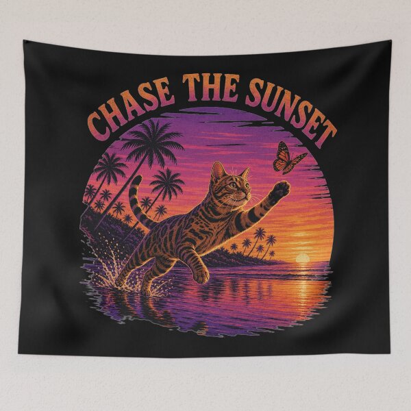 Item preview, Chase The Sunset – A playful Bengal cat on a palm-fringed beach designed and sold by Bengoer18.