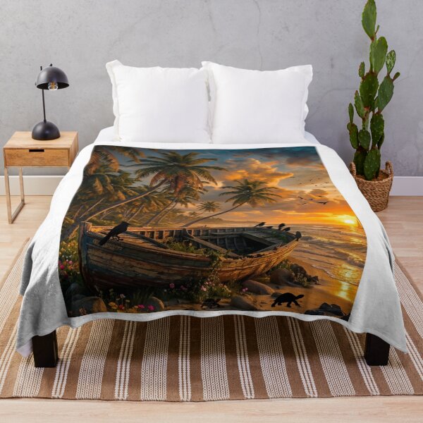 Item preview, Tropical Beach Sunset with Rustic Wooden Boat and Palm Trees Art designed and sold by Fateh-Kro ⭐⭐⭐⭐⭐.