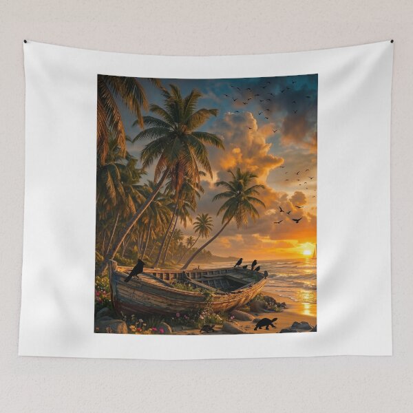 Item preview, Tropical Beach Sunset with Rustic Wooden Boat and Palm Trees Art  designed and sold by Fateh-Kro ⭐⭐⭐⭐⭐.