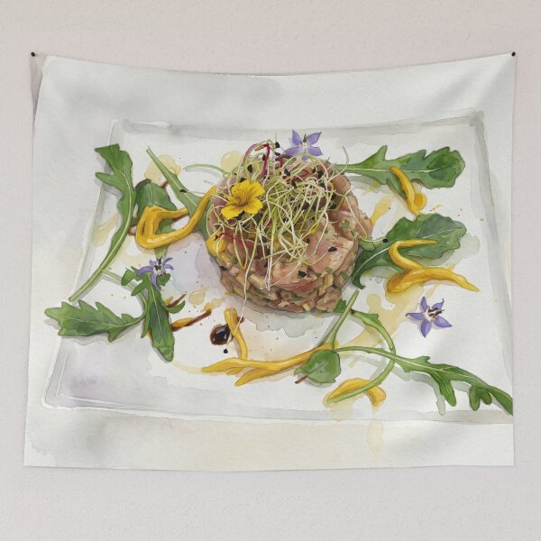 Item preview, Tuna Tartare with Microgreens — Culinary digital Watercolor Art  designed and sold by M.ALK.Watercolor.