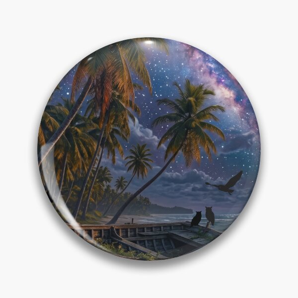 Item preview, Starry Night Tropical Beach with Full Moon Galaxy and Wooden Boat Art  designed and sold by Fateh-Kro ⭐⭐⭐⭐⭐.