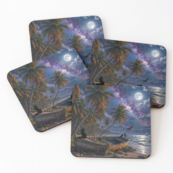 Item preview, Starry Night Tropical Beach with Full Moon Galaxy and Wooden Boat Art  designed and sold by Fateh-Kro ⭐⭐⭐⭐⭐.
