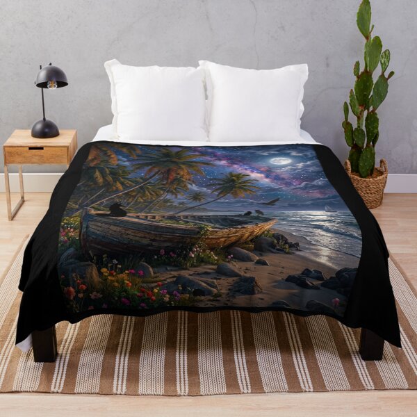 Item preview, Starry Night Tropical Beach with Full Moon Galaxy and Wooden Boat Art designed and sold by Fateh-Kro ⭐⭐⭐⭐⭐.