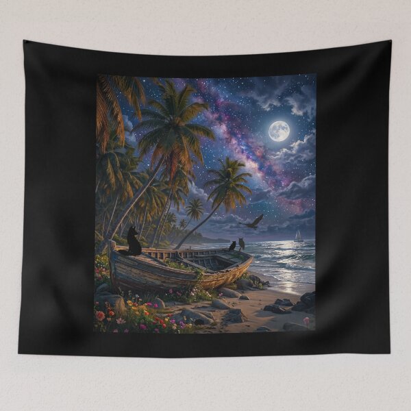 Item preview, Starry Night Tropical Beach with Full Moon Galaxy and Wooden Boat Art  designed and sold by Fateh-Kro ⭐⭐⭐⭐⭐.