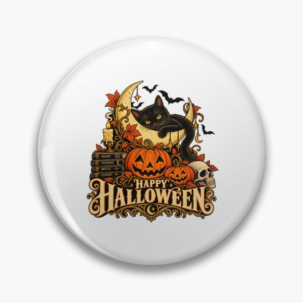 Item preview, Happy Halloween Vintage Black Cat on Crescent Moon designed and sold by MrRares21.