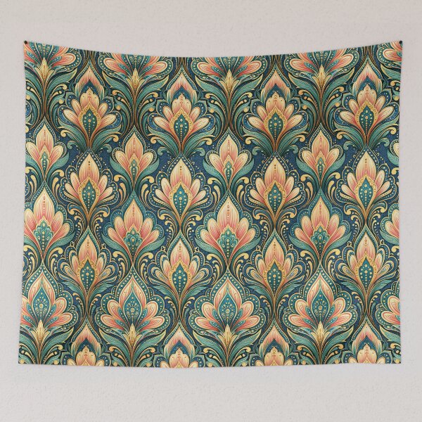 Item preview, Pastel Sage and Peach Floral Damask Tapestry designed and sold by Piotrek0001.