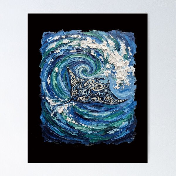 Item preview, Polynesian Tribal Manta Ray Ocean Wave Oil Painting designed and sold by LayercraftArt.