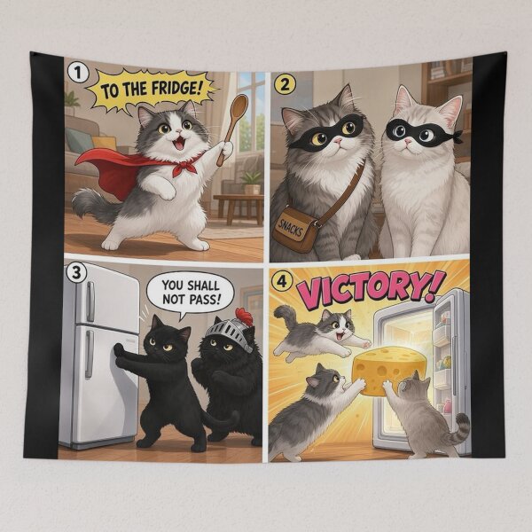 Item preview, The Great Fridge Heist - Funny Cat Comic Strip (4 Panels) designed and sold by PetalsPaws.