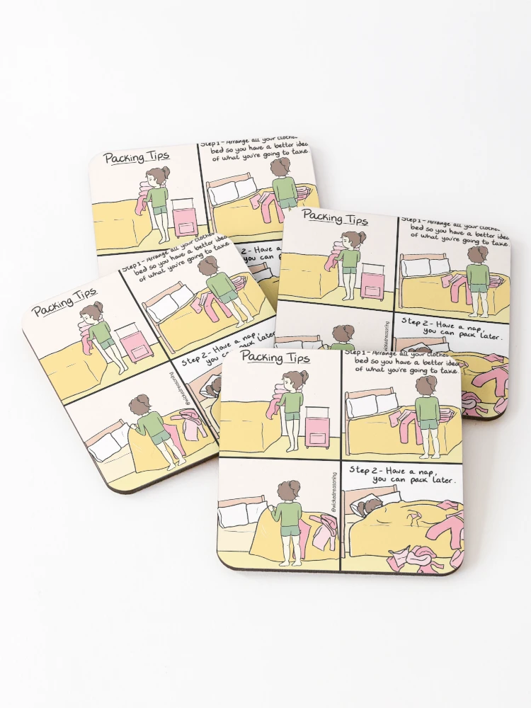 Thumbnail 1 of 5, Coasters (Set of 4), Packing Tips (comic) designed and sold by wickedreasoning.