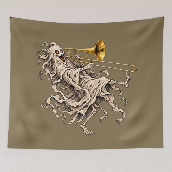 Item preview, Funny Ghost Trombone Player Gothic Halloween Music Art designed and sold by Meandmyshop.