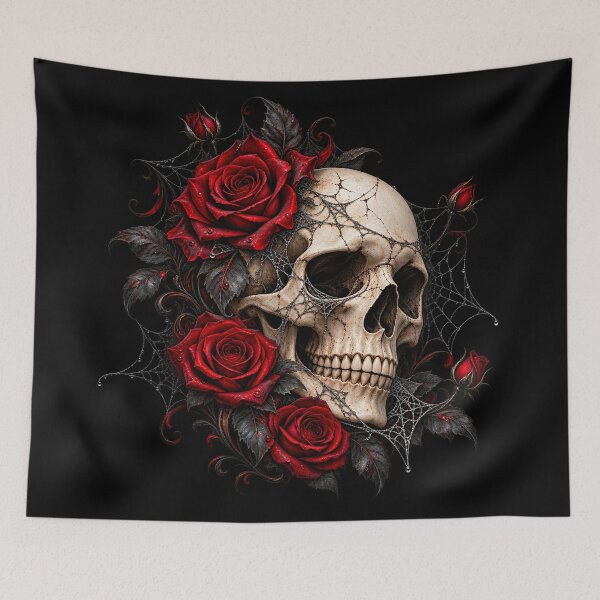 Item preview, Gothic Skull with Red Roses and Spiderwebs designed and sold by Kate1art.