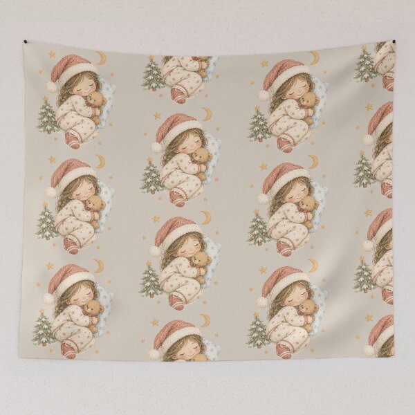 Item preview, Cozy Girl Sleeping with Teddy Bear and Santa Hat – Hand-Drawn Pastel Holiday Art designed and sold by fulldreamer2021.