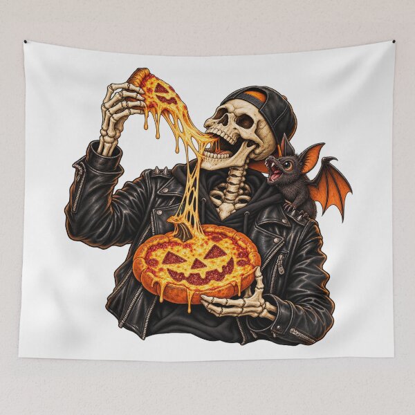 Item preview, Funny Skeleton Eating Pumpkin Pizza with Bat designed and sold by Kate1art.