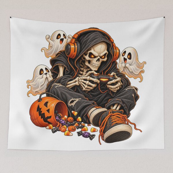 Item preview, Halloween Skeleton Gamer with Ghosts and Candy designed and sold by Kate1art.
