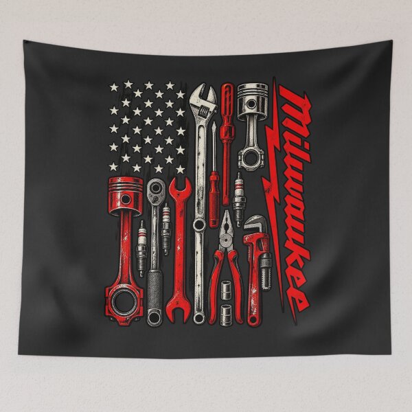 Item preview, Milwaukee Tools American Flag Tools Pistons Wrenches Patriotic Red Black Mechanic designed and sold by Cuiroblinda.