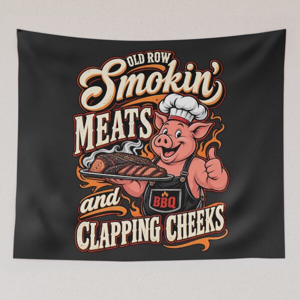 Item preview, Old Row Smokin Meats and Clapping Cheeks BBQ Pig Chef Brisket Flames Humor designed and sold by Cuiroblinda.