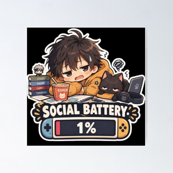 Item preview, Anime Social Battery 1%, Funny Tired Chibi Art. designed and sold by TulipsArtDesigns .
