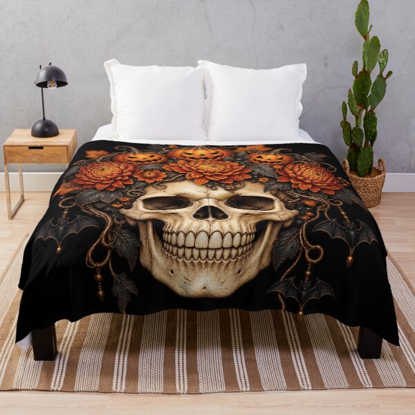 Item preview, Gothic Skull with Pumpkin Crown and Autumn Flowers designed and sold by Kate1art.