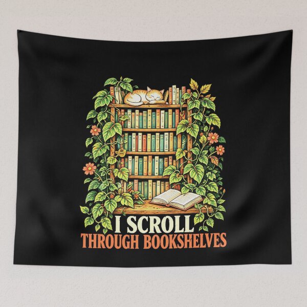Item preview, Analog Revival Cat Scrolls Through Shelves designed and sold by elderberry.