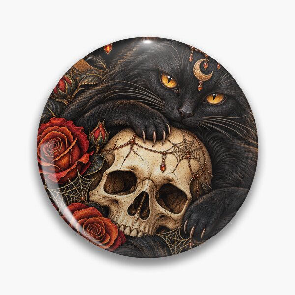 Item preview, Gothic Black Cat with Skull and Crimson Roses designed and sold by Kate1art.