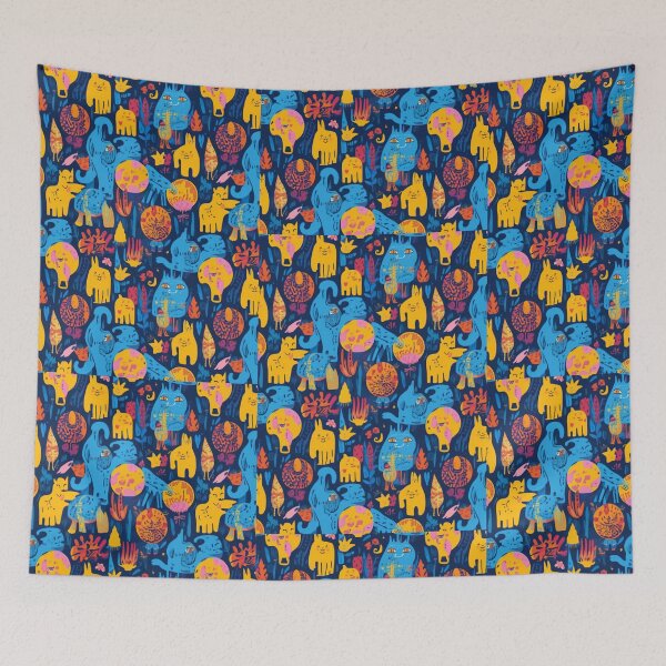Item preview, Colourful Whimsical Cats – Funky Blue and Yellow Cat Pattern designed and sold by My Gluten Free Life UK.