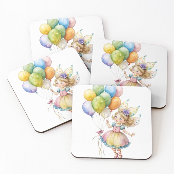 Item preview, Watercolor fairy holding colorful inflated party balloons floating designed and sold by Rostislav Bouda.