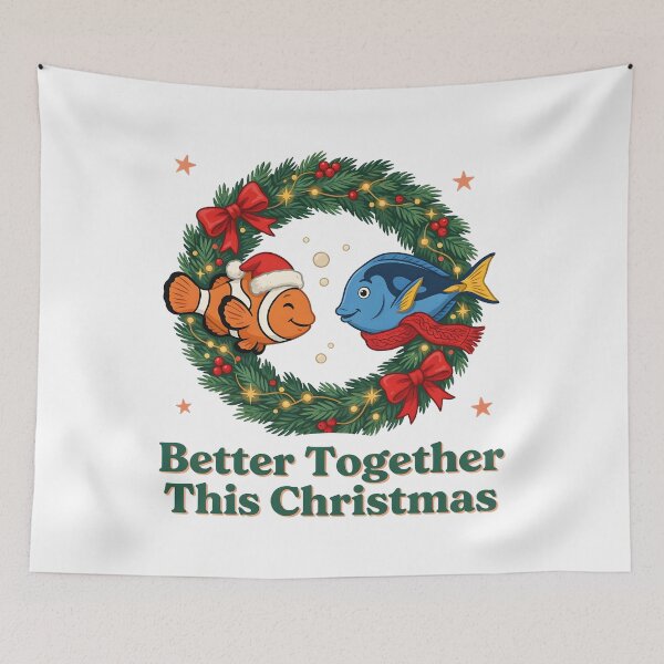 Item preview, Better Together This Christmas - Clownfish and Blue Tang Festive Aquarium Graphic designed and sold by TankTherapyArt.