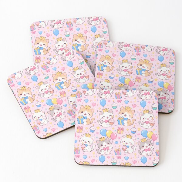 Item preview, Cute Kawaii Birthday Kittens with Crowns and Cupcakes Pastel Pattern designed and sold by Soft Berry Studio.