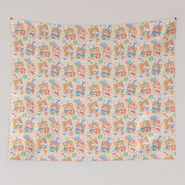 Item preview, Cute Kawaii Birthday Bears with Party Hats and Gifts Pastel Pattern designed and sold by Soft Berry Studio.