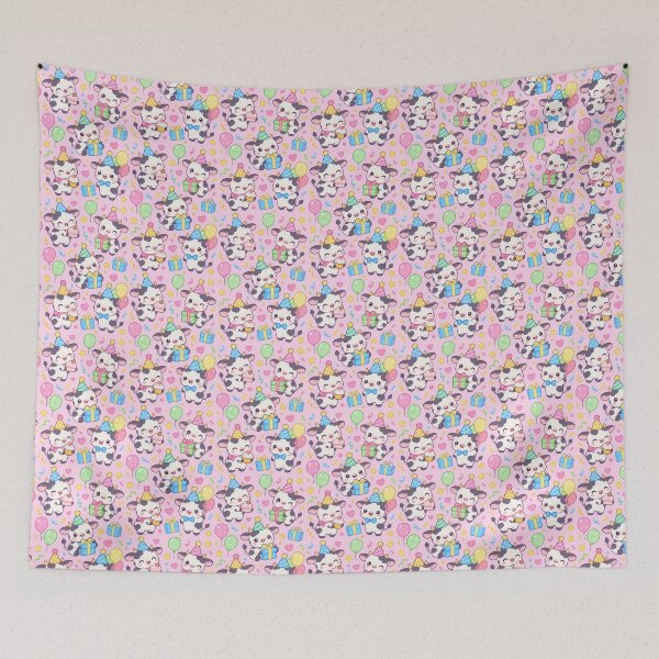 Item preview, Cute Kawaii Birthday Cows with Party Hats and Gifts Pastel Pattern designed and sold by Soft Berry Studio.