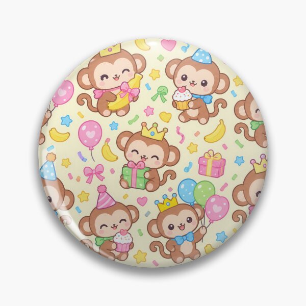 Item preview, Cute Kawaii Birthday Monkeys with Crowns and Cupcakes Pastel Pattern designed and sold by Soft Berry Studio.