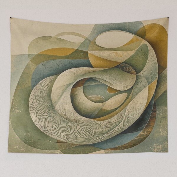 Item preview, Organic Abstract Fluid Waves Sage Green Mustard Yellow Mid Century Art designed and sold by Dogandesighn.