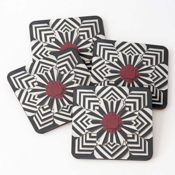 Item preview, Black and White Geometric Op Art Mandala Red Flower Center 3D Papercut Layered Art designed and sold by Dogandesighn.