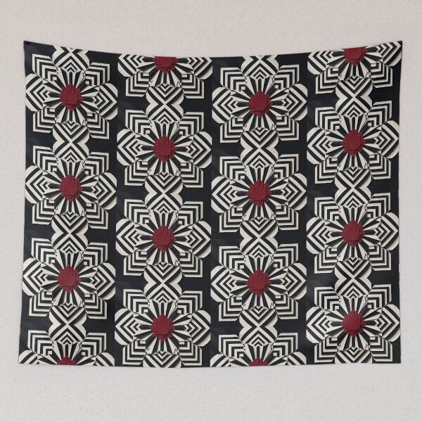 Item preview, Black and White Geometric Op Art Mandala Red Flower Center 3D Papercut Layered Art designed and sold by Dogandesighn.