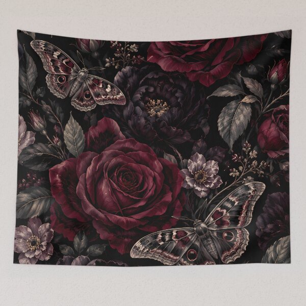 Item preview, Dark Romantic Burgundy Roses Moth Botanical Art designed and sold by Ammar Studio.