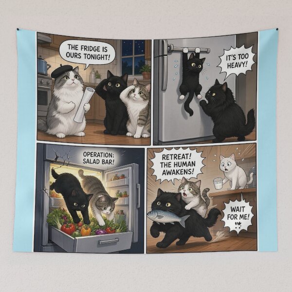Item preview, Hilarious Midnight Cat Fridge Heist! ?? (4-Panel Comic Strip) designed and sold by PetalsPaws.