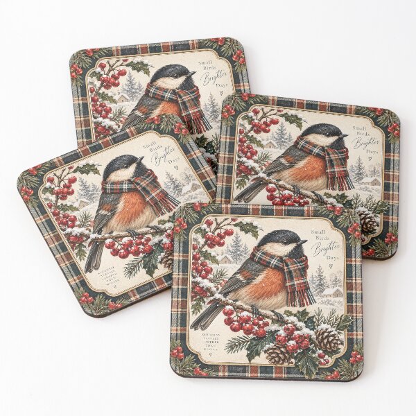 Item preview, Vintage Winter Chickadee Bird with Plaid Scarf, Cozy Christmas Cottagecore Woodland Wildlife Art designed and sold by Gold Turtle  Lina.