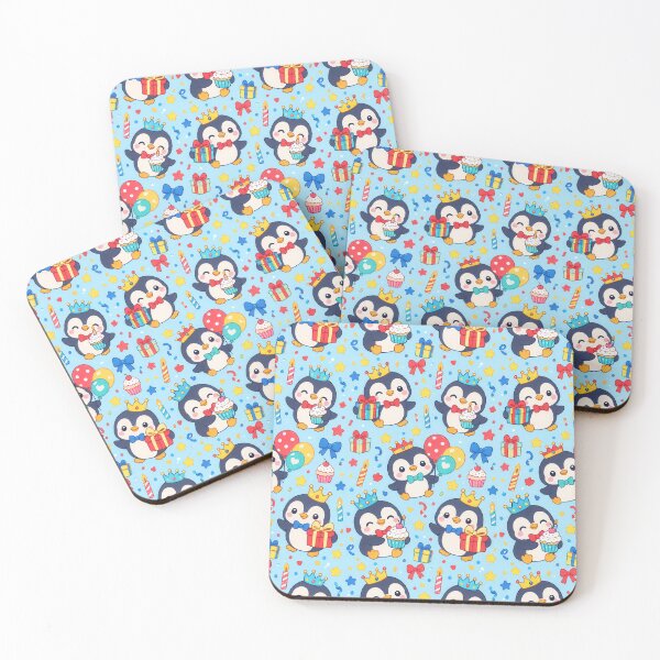 Item preview, Cute Kawaii Birthday Penguins with Crowns and Cupcakes Pastel Pattern designed and sold by Soft Berry Studio.