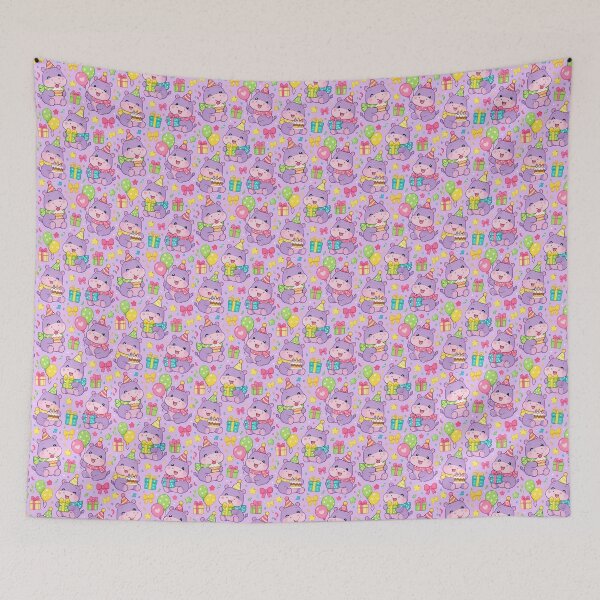 Item preview, Cute Kawaii Birthday Hippos with Cakes and Balloons Pastel Pattern designed and sold by Soft Berry Studio.