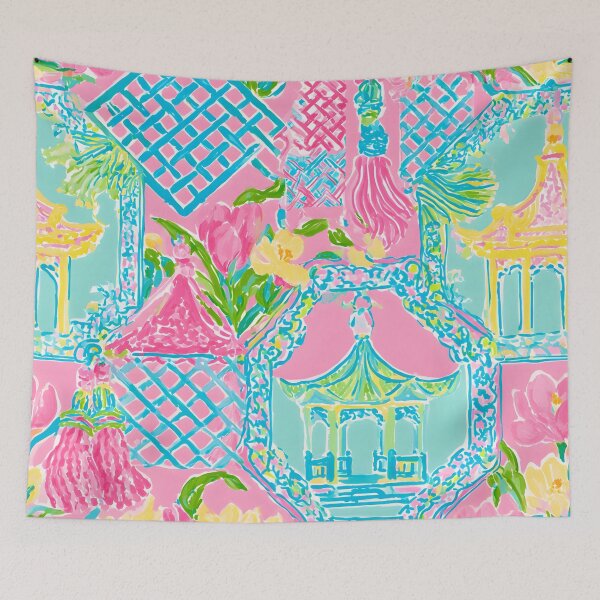Item preview, Preppy pagoda, chinoiserie lattice and tassels on bubble gum pink designed and sold by SophieClimaArt.