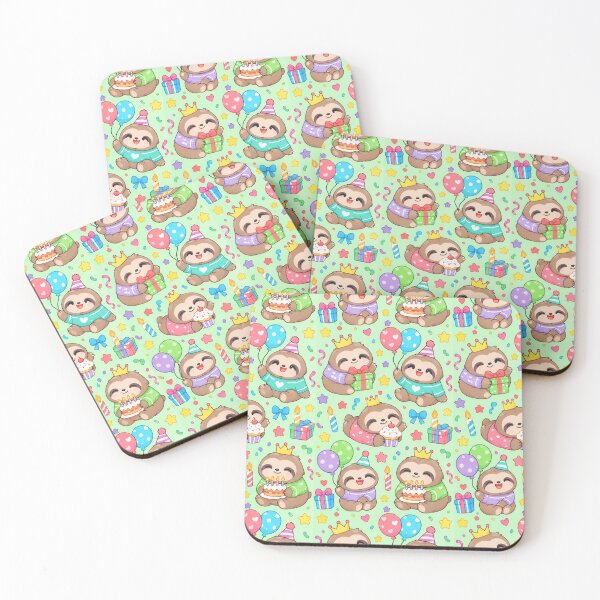 Item preview, Cute Kawaii Birthday Sloths with Crowns and Balloons Pastel Pattern designed and sold by Soft Berry Studio.