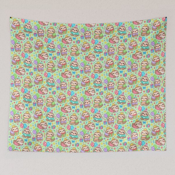 Item preview, Cute Kawaii Birthday Sloths with Crowns and Balloons Pastel Pattern designed and sold by Soft Berry Studio.