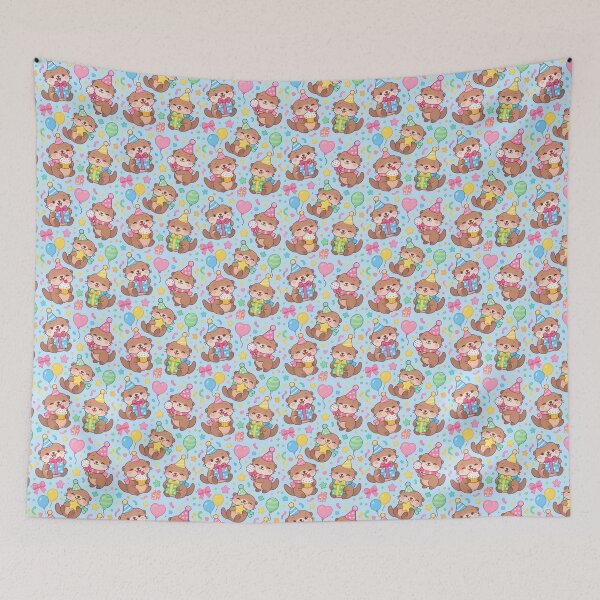 Item preview, Cute Kawaii Birthday Otters with Balloons and Presents Pastel Pattern designed and sold by Soft Berry Studio.