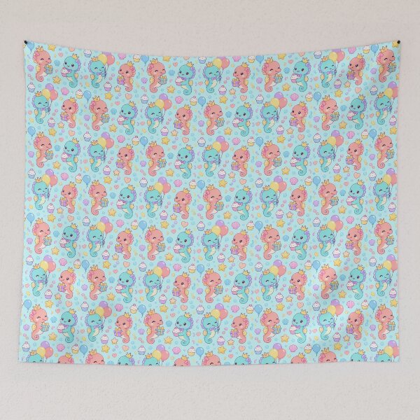 Item preview, Cute Kawaii Birthday Seahorses with Crowns and Balloons Pastel Pattern designed and sold by Soft Berry Studio.
