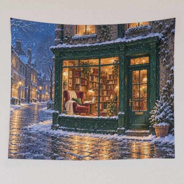 Item preview, Cozy Bookshop on a Snowy Winter Evening designed and sold by Glottopia.