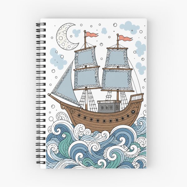 Item preview, Sailing Ship on Swirling Waves Under Crescent Moon, Hand Drawn Doodle Nautical Art designed and sold by HueHup.