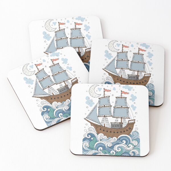 Item preview, Sailing Ship on Swirling Waves Under Crescent Moon, Hand Drawn Doodle Nautical Art designed and sold by HueHup.
