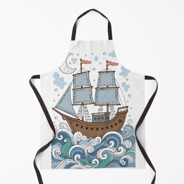 Item preview, Sailing Ship on Swirling Waves Under Crescent Moon, Hand Drawn Doodle Nautical Art designed and sold by HueHup.
