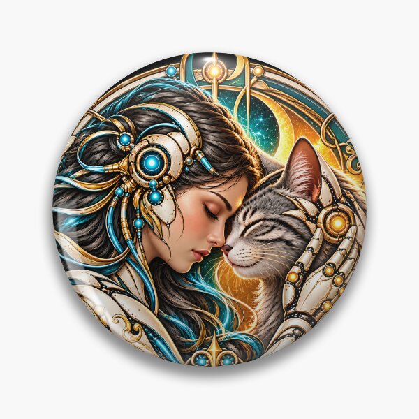 Item preview, Soulbound – Cyberpunk Woman & Cat Art Nouveau Illustration designed and sold by thirtyonestars.